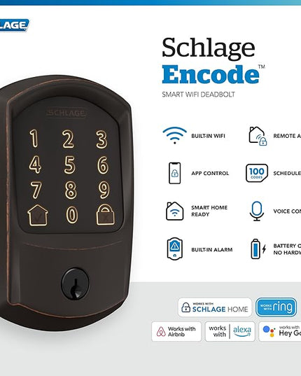 SCHLAGE BE489WB GRW 716 Encode WiFi Deadbolt Smart Lock, Keyless Entry Touchscreen Door Lock with Greenwich Trim, Aged Bronze SchlageLockCompany