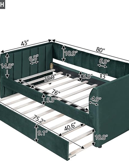 Twin Size Upholstered Velvet Daybed with Trundle,Wood Bed Frame w/ 2 Armrests,Slat Support,No Box Spring Needed,for Small Living Spaces and Accommodating Guests,Green - LeafyLoom