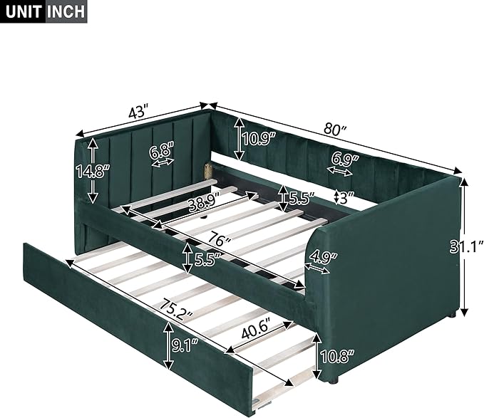 Twin Size Upholstered Velvet Daybed with Trundle,Wood Bed Frame w/ 2 Armrests,Slat Support,No Box Spring Needed,for Small Living Spaces and Accommodating Guests,Green - LeafyLoom
