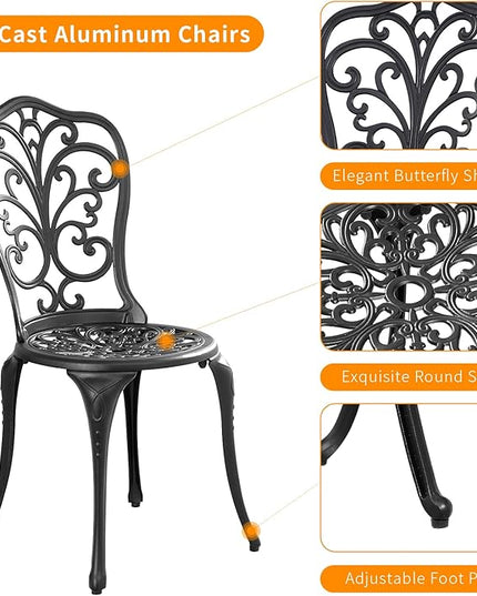 Outdoor Bistro Set 3 Piece Patio Bistro Set, Cast Aluminum Bistro Table and Chairs Set of 2, Small Patio Table Set for Porch, Black - LeafyLoom