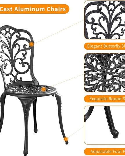 Patio Bistro Set 3 Piece Outdoor,Cast Aluminum Outdoor Bistro Table and Chair Set of 2 with 1.97" Umbrella Hole,All Weather Metal Bistro Table Set for Front Porch Set(Butterfly Black) - LeafyLoom