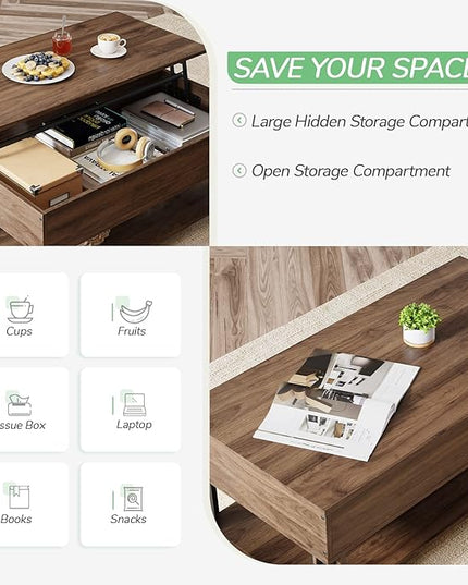 Novilla Modern Lift Top Coffee Table with Storage for Living Room Wodden Lift Tabletop Dining Table with Hidden Compartment and Metal Frame 40 Inch, Walnut - LeafyLoom