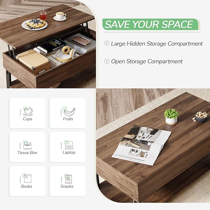 Novilla Modern Lift Top Coffee Table with Storage for Living Room Wodden Lift Tabletop Dining Table with Hidden Compartment and Metal Frame 40 Inch, Walnut - LeafyLoom