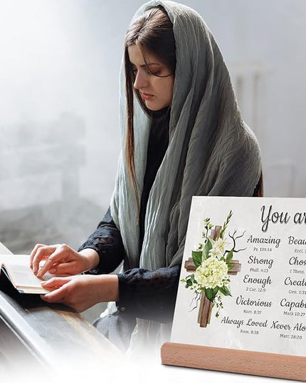 TIKTREE Christian Gifts, Religious Gifts for Women Faith, Catholic Spiritual Gifts with Bible Verse, Christian Home Desk Decor with Wood Stand - LeafyLoom
