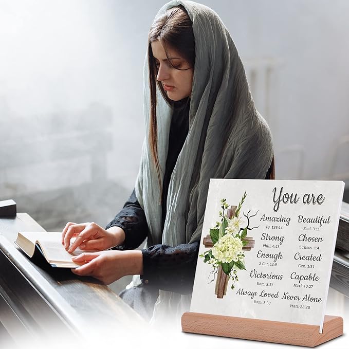 TIKTREE Christian Gifts, Religious Gifts for Women Faith, Catholic Spiritual Gifts with Bible Verse, Christian Home Desk Decor with Wood Stand - LeafyLoom