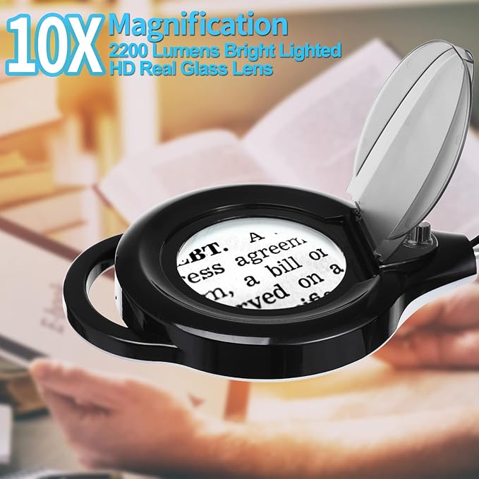 10X Magnifying Lamp with Clamp, KIRKAS 2200 LM Super Bright and Stepless Dimming Magnifying Glass with Light, Real Glass Lens Lighted Magnifier Light for Close Work, Crafts, Reading, Repair - Black - LeafyLoom