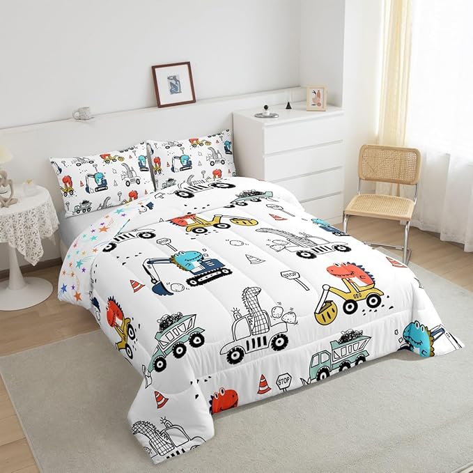 Feelyou Kids Cartoon Car Comforter Set Construction Bedding Set King Size Tractor Vehicle Truck Comforter for Kids Boys Girls Cute Dinosaur Quilt Set Yellow Blue Soft for Teens Child Room Decor - LeafyLoom