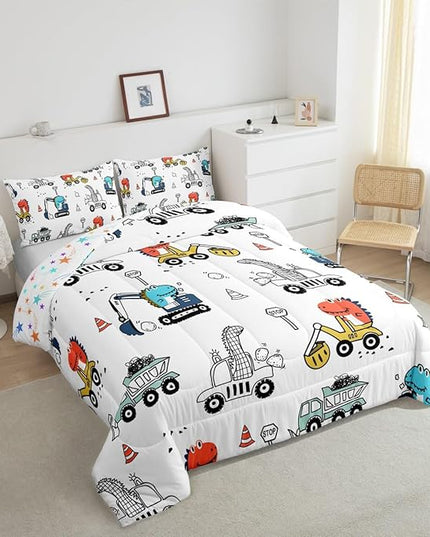 Feelyou Kids Cartoon Car Comforter Set Construction Bedding Set Full Size Tractor Vehicle Truck Comforter for Kids Boys Girls Cute Dinosaur Quilt Set Yellow Blue Soft for Teens Child Room Decor - LeafyLoom