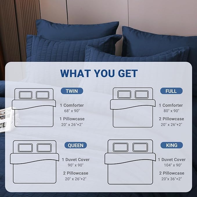 HYMOKEGE Seersucker Comforter Set Full Size 3 Pieces, Lightweight Comforter Sets for Bedding, Bed Set with 1 All Season Soft Down Alternative Comforter and 2 Pillow Shams, Navy Blue - LeafyLoom