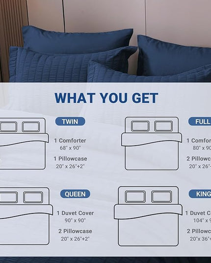 HYMOKEGE Seersucker Queen Comforter Set 3 Pieces, Lightweight Comforter Sets for Bedding, Bed Set with 1 All Season Soft Down Alternative Comforter and 2 Pillow Shams, Navy Blue - LeafyLoom
