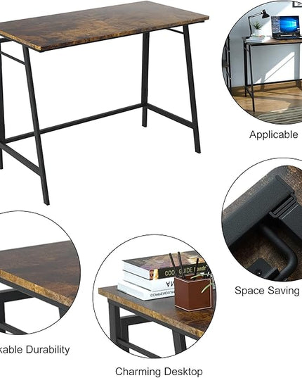 ASTARTH Folding Desk-40 Inch Writing Computer Desk, Space Saving Foldable Table, Modern Simple Style PC Table, Black Metal Frame-Home Office Desk, No Assembly Required, Rustic Brown - LeafyLoom
