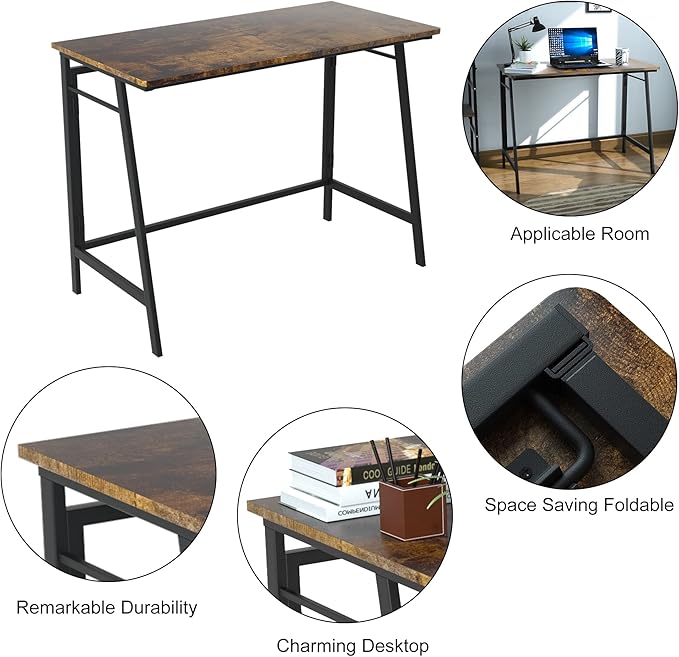 ASTARTH Folding Desk-40 Inch Writing Computer Desk, Space Saving Foldable Table, Modern Simple Style PC Table, Black Metal Frame-Home Office Desk, No Assembly Required, Rustic Brown - LeafyLoom