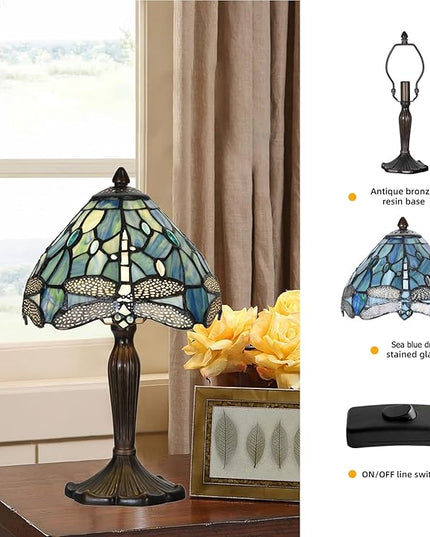 Tiffany Lamp Sea Blue Stained Glass Dragonfly Style Desk Reading Light for Small Space Bedside Bedroom Home Office - LeafyLoom