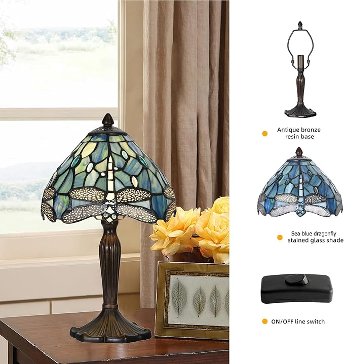 Tiffany Lamp Sea Blue Stained Glass Dragonfly Style Desk Reading Light for Small Space Bedside Bedroom Home Office - LeafyLoom