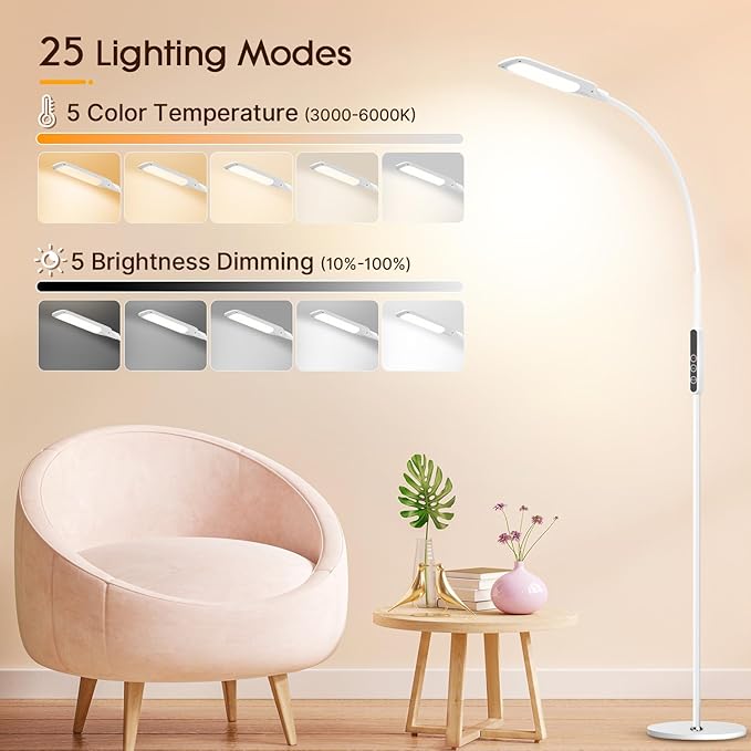 Syrinx Floor Lamp, Floor LED Lamp/LED Light Lamp/Remote Control & Touch/Adjustable Flexible Gooseneck (White) - LeafyLoom