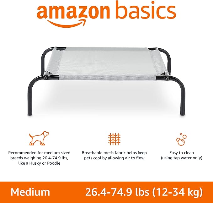 Amazon Basics Breathable Cooling Elevated Dog Bed with Durable Metal Frame, Medium, 43 x 26 x 7.5 Inch, Grey AmazonBasics