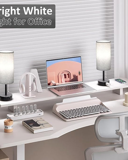 Grey Bedside Table Lamps Set of 2-3 Color Temperatures Pull Chain Lamp with AC Outlet Charging Port, Two Round Night Stand Lamps for Bedroom Office, Small Bed Side Light with E26 LED Bulbs - LeafyLoom