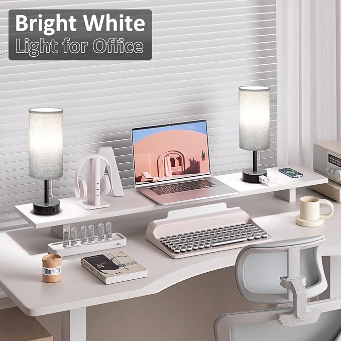 Grey Bedside Table Lamps Set of 2-3 Color Temperatures Pull Chain Lamp with AC Outlet Charging Port, Two Round Night Stand Lamps for Bedroom Office, Small Bed Side Light with E26 LED Bulbs - LeafyLoom
