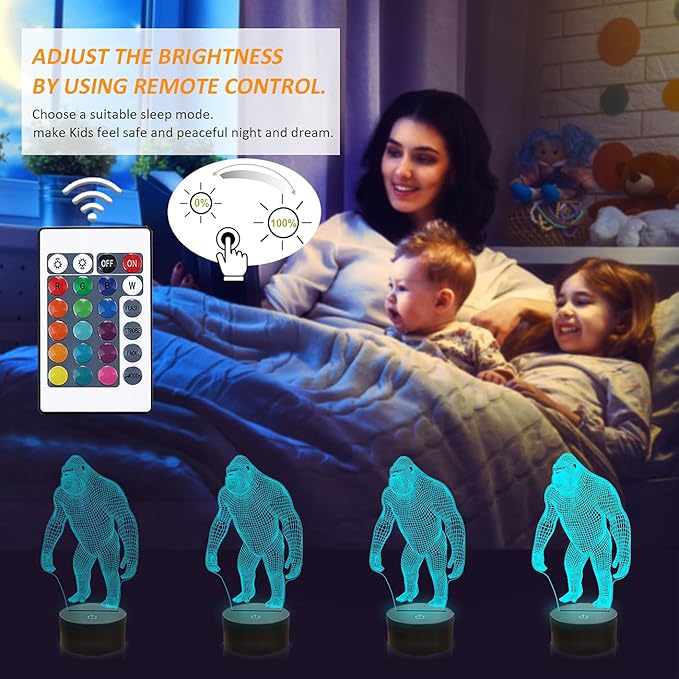 FULLOSUN 3D Night Light Ape Gorilla LED Nightlight Baby Nursery Monkey Lamp for Kids' Room Home Décor Xmas Birthday Gifts with 16 Color Changing - LeafyLoom