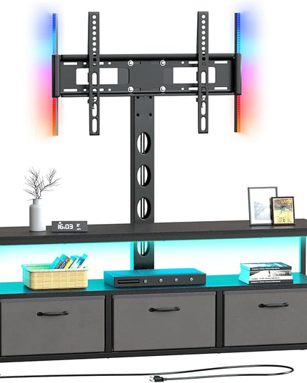 JUSTOGO TV Stand with Mount and Power Outlet, TV Stand Mount with Storage for Living Room, Entertainment Center with LED Lights for 45/55/60/65 inch TVs, Height Adjustable Media Console, Black - LeafyLoom