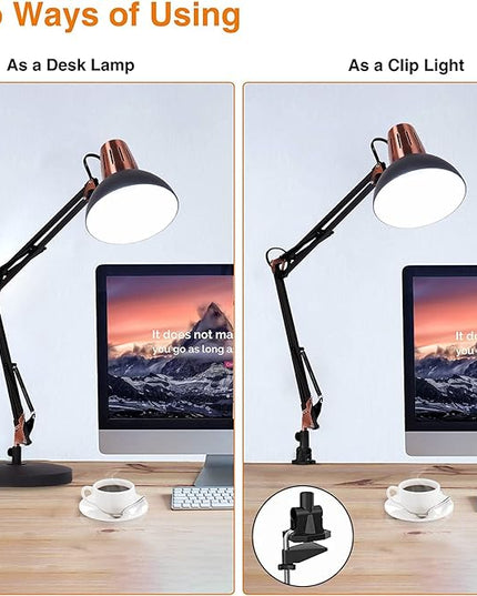 FIRVRE Metal Desk Lamp Adjustable Goose Neck Architect Table Lamp Sandy Black Tall Reading Light Swing Arm Desk Lamp with Clamp Eye-Caring for Bedroom Bedside Study Home Office Library Workplace - LeafyLoom