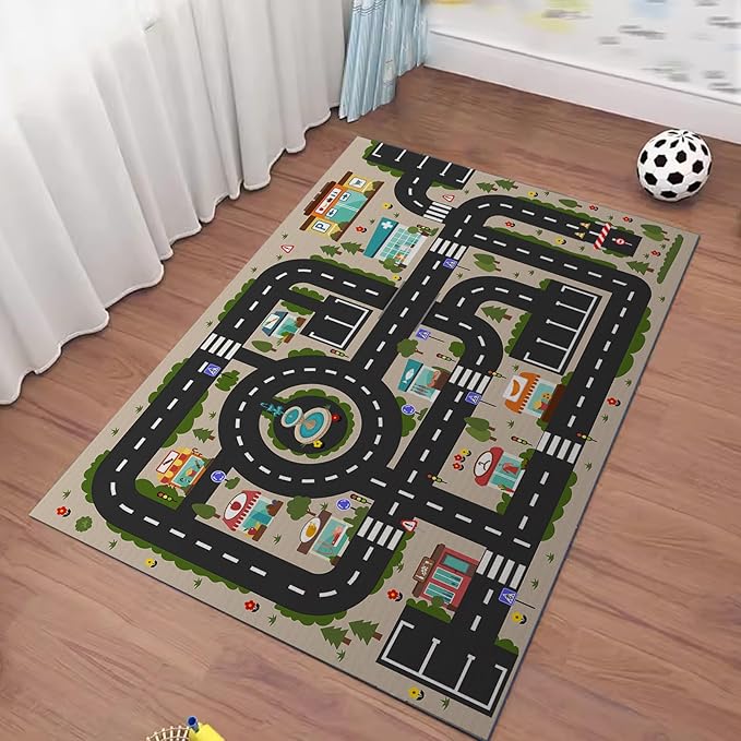 Analog ABC Kids Rug Playroom Car Rug Play Mat City Life Road Rug for Cars Fun City Map for Carpet for Bedroom Boys (63 * 94 inches, Evening City) - LeafyLoom