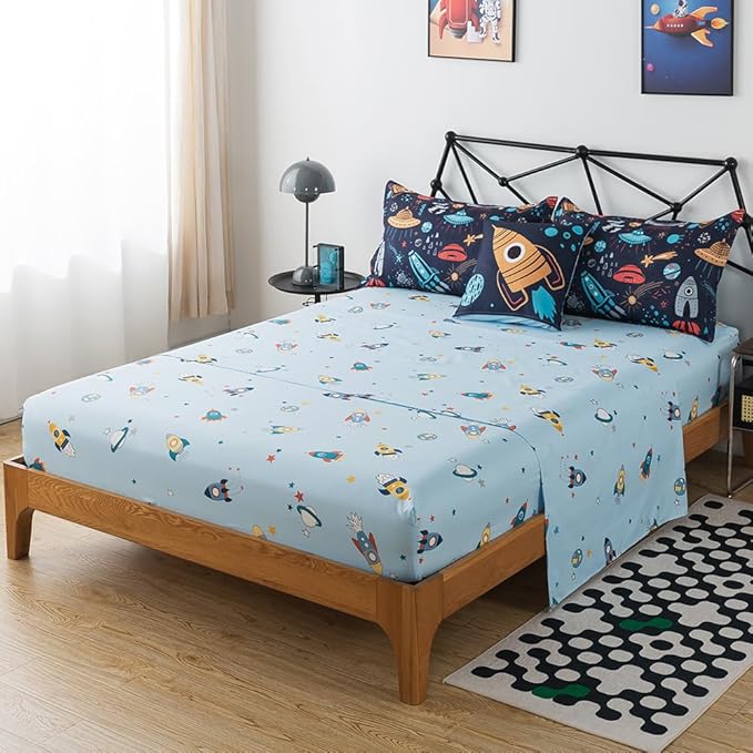 ADASMILE A & S Kids Space Comforter Set 6 Pieces Space Bedding Twin Size for Boys Space Ship Rocket Bedding Galaxy Bed in a Bag Comforter Twin Outer Space Bed Set with Blue Space Sheets Home Decor - LeafyLoom