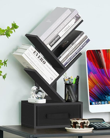Small Book Shelf with Drawer,4 Tier Black Tree Bookshelf,Wooden Desktop Bookcase,Modern Desk Display Storage Bookshelves,Floor Standing Organizer Bookcases for Living Room,Bedroom,Office - LeafyLoom
