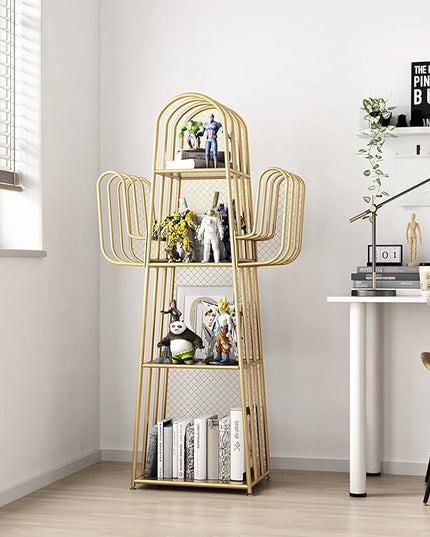 DOORXIF 4-Tier Gold Bookshelf Freestanding, Cactus Bookcase 4 Cube Storage Organizer Closet Corner Metal Display Cabinet, Corner Bookshelf for Small Spaces, Gold Bookcase for Bedroom Office - LeafyLoom