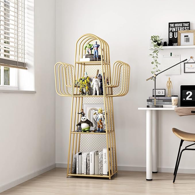 DOORXIF 4-Tier Gold Bookshelf Freestanding, Cactus Bookcase 4 Cube Storage Organizer Closet Corner Metal Display Cabinet, Corner Bookshelf for Small Spaces, Gold Bookcase for Bedroom Office - LeafyLoom