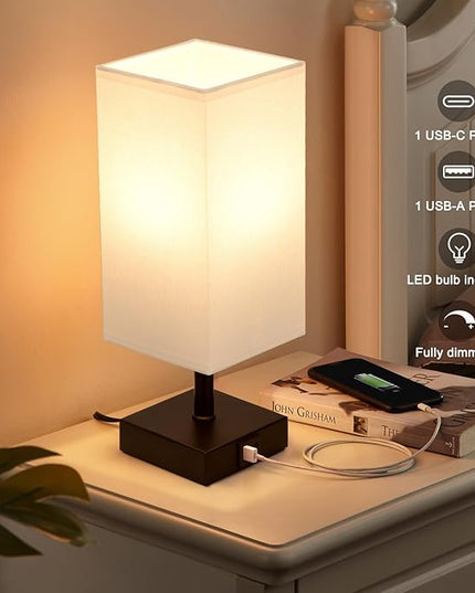 Ambimall White Table Lamp with USB Ports - 3 Way Touch Lamps Beside Desk, Nightstand Lamp for Bedrooms Living Room, White Shade with Black Base, LED Bulb Included(White) - LeafyLoom