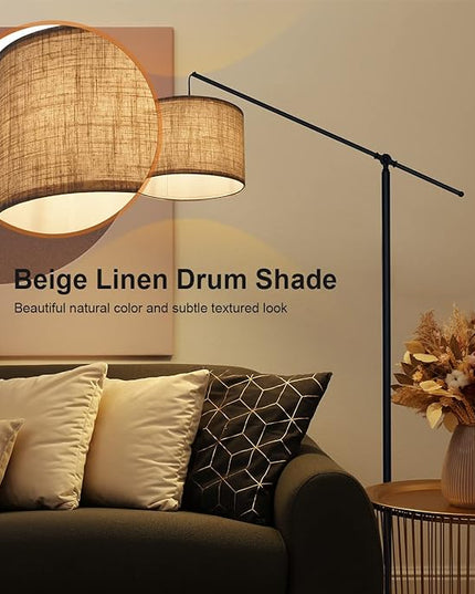 SURAIELEC Arc Floor Lamp, Overhang Cantilever Standing Floor Lamp for Couch, Sofa, Reading, Living Room, Bedroom, Adjustable Balance Arm, Natural Linen Drum Shade, Matt Black Metal Pole, Foot Switch - LeafyLoom