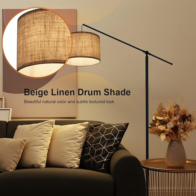 SURAIELEC Arc Floor Lamp, Overhang Cantilever Standing Floor Lamp for Couch, Sofa, Reading, Living Room, Bedroom, Adjustable Balance Arm, Natural Linen Drum Shade, Matt Black Metal Pole, Foot Switch - LeafyLoom