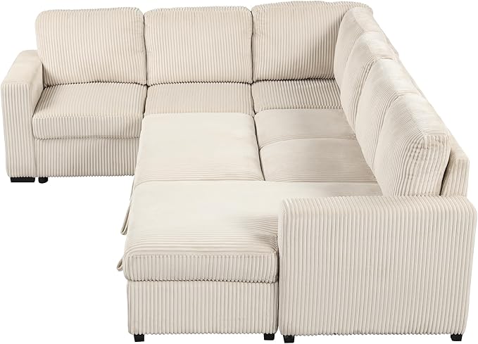 6 Seater U Shaped Oversized Reversible Sleeper Sectional Sofa Pull Out Couch Bed with Right Hand Facing Chaise and USB Ports , Corduroy Upholstered Convertible Corner Sofabed Sofacama for Living Room - LeafyLoom