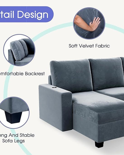 138" Convertible Sofa Velvet U Shaped Couch with Reversible Modular Sectional Sofa&Couch 6 Seater with Chaise Lounge,Freely Combinable Indoor Furniture for Living Room, Apartment, Grey-A - LeafyLoom
