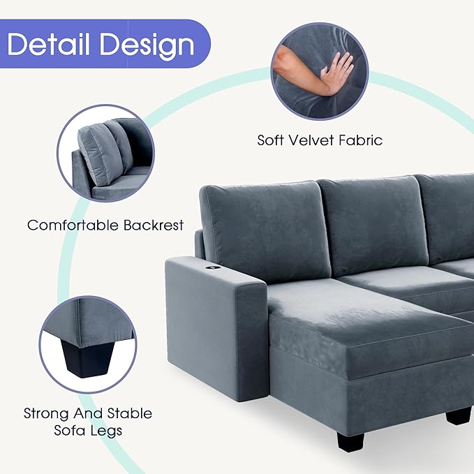 138" Convertible Sofa Velvet U Shaped Couch with Reversible Modular Sectional Sofa&Couch 6 Seater with Chaise Lounge,Freely Combinable Indoor Furniture for Living Room, Apartment, Grey-A - LeafyLoom