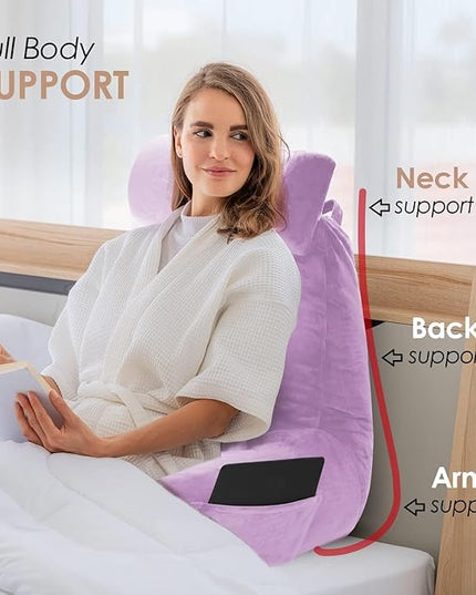 Nestl Reading Pillow with Portable Laptop Lap Desk, Velvet Feel Back Pillow for Sitting in Bed, Shredded Memory Foam Back Support Pillow for Bed, Bed Rest Pillow with Arms, Large - Lavender - LeafyLoom