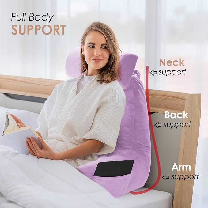 Nestl Reading Pillow with Portable Laptop Lap Desk, Velvet Feel Back Pillow for Sitting in Bed, Shredded Memory Foam Back Support Pillow for Bed, Bed Rest Pillow with Arms, Large - Lavender - LeafyLoom