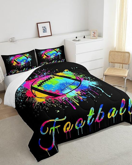 Feelyou Kids Football Comforter Set Queen Size Rugby Sports Game Bedding Set for Boys Girls Teens Bedroom Decor Tie Dye Comforter Women Men Soccer Player Duvet Set with 2 Pillow Case - LeafyLoom