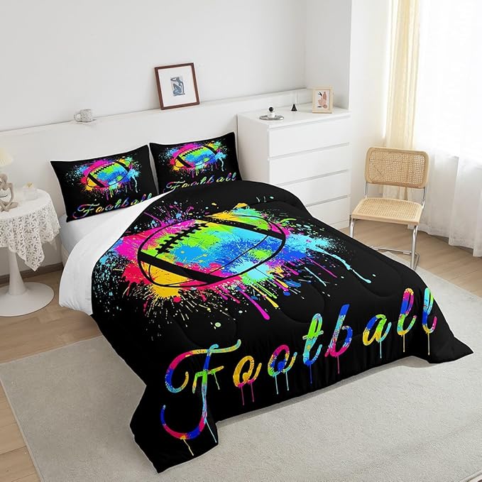 Kids Football Comforter Set Full Size Rugby Sports Game Bedding Set for Boys Girls Teens Bedroom Decor Tie Dye Comforter Women Men Soccer Player Duvet Set with 2 Pillow Case - LeafyLoom
