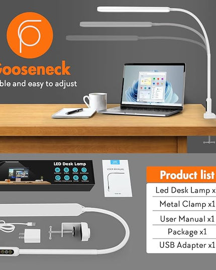 LED Desk Lamp with Clamp, Super Bright Desk Light with 11 Brightness, 5 Color Modes, Flexible Gooseneck Clip on Table Light, Eye-Caring Architect Task Desk Lamps for Home Office Study Reading - LeafyLoom