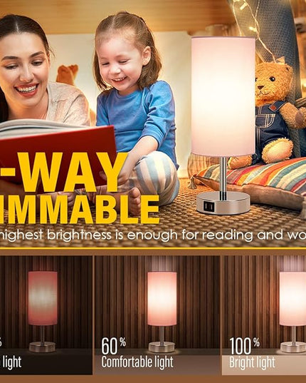 Yarra-Decor Bedside Lamp with USB Port - Touch Control Table Lamp for Bedroom 3 Way Dimmable Nightstand Lamp with Round Pink Fabric Shade for Living Room, Dorm, Home Office (LED Bulb Included) - LeafyLoom