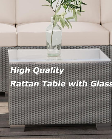 GAOMON 5-Piece Outdoor Patio Rattan Wicker Sofa Set, Pe Rattan Conversation Sectional with Thickened Back Cushion, Glass Tabletop, Ottoman - Ideal for Courtyard Space, Beige - LeafyLoom
