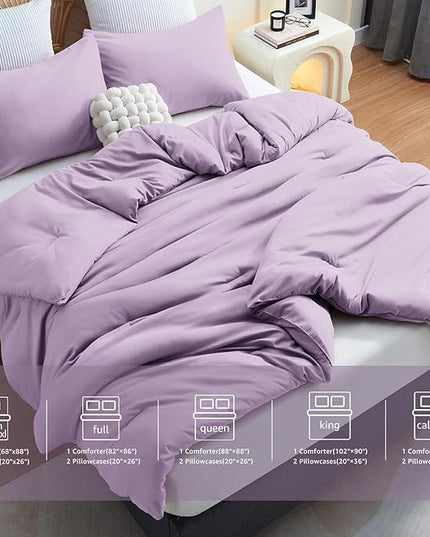 CozyLux Lavender Purple Comforter Set Queen Size, 3 Pieces Solid Breathable Quilted Boho Style Bedding Sets, Luxury Fluffy Soft Microfiber Comforter for All Season(1 Comforter & 2 Pillowcases) - LeafyLoom