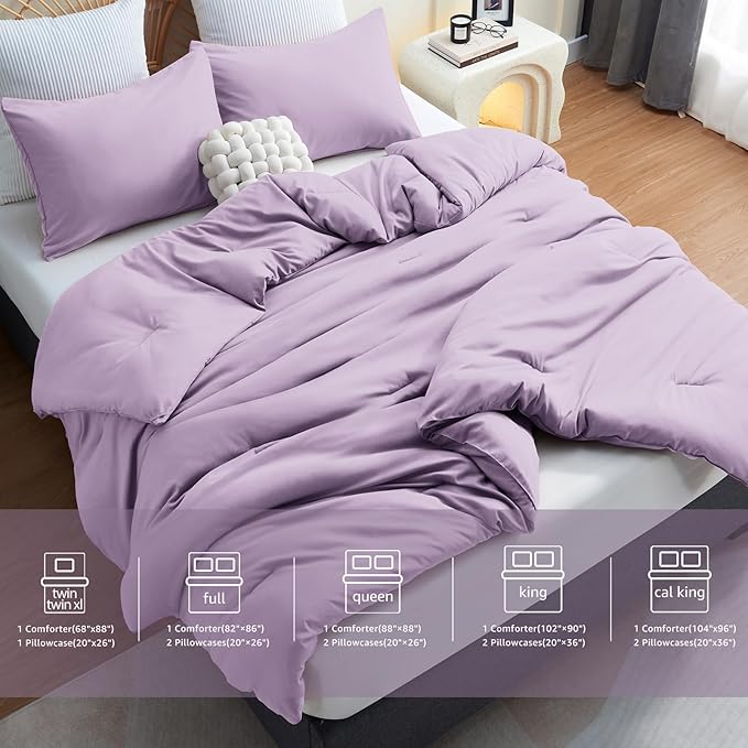 CozyLux Lavender Purple Comforter Set Queen Size, 3 Pieces Solid Breathable Quilted Boho Style Bedding Sets, Luxury Fluffy Soft Microfiber Comforter for All Season(1 Comforter & 2 Pillowcases) - LeafyLoom