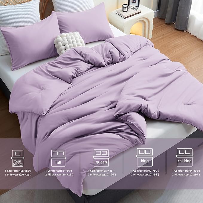CozyLux Lavender Purple Comforter Set Full Size, 3 Pieces Solid Breathable Quilted Boho Style Bedding Sets, Luxury Fluffy Soft Microfiber Comforter for All Season(1 Comforter & 2 Pillowcases) - LeafyLoom