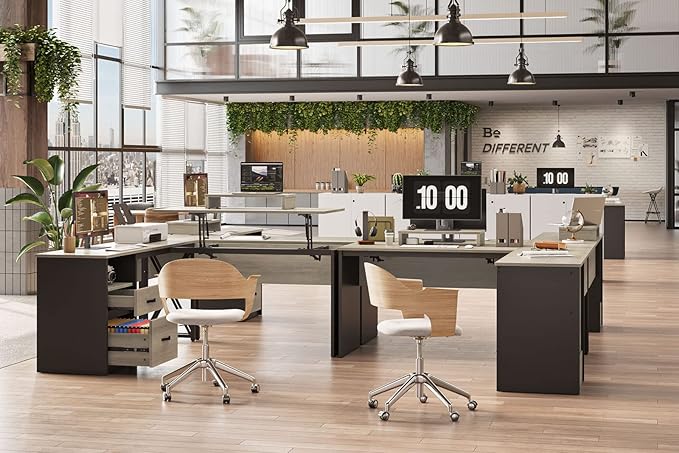 Bestier Lift Top L Shaped Desk with File Drawer, 55'' x 55'' Office Desk with Reversible Storage Drawers, L Shaped Standing Desk with Computer Monitor Stand (Retro Grey Oak Light) - LeafyLoom