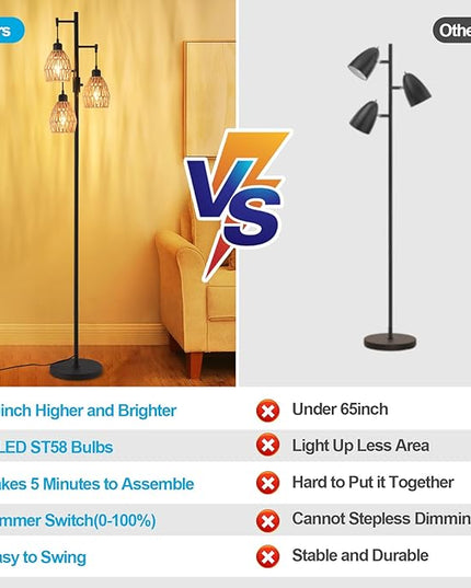 Boho Rattan Floor Lamp - Standing Lamps for Living Room 70'' Dimmable Floor Lamp with Cage Shade, Industrial Farmhouse Floor Lamps Rustic Floor Lamps Vintage Lamp for Living Room Bedroom Office - LeafyLoom
