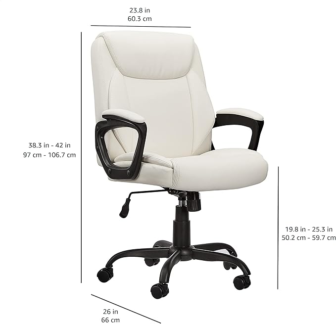 Amazon Basics Classic Puresoft PU Padded Mid-Back Office Computer Desk Chair with Armrest - Cream, 26"D x 23.75"W x 42"H - LeafyLoom