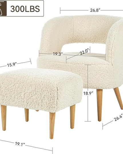 Accent Chair with Ottoman Teddy Fleece Upholstered Armchair Mid-century Modern Comfortable Chairs and Ottoman Set with Wooden Legs for Living Room, Bedroom(Beige) - LeafyLoom